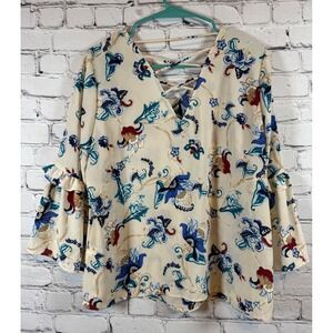 White House Black Market Floral Blouse Bell Sleeve V‎ Neck Top M